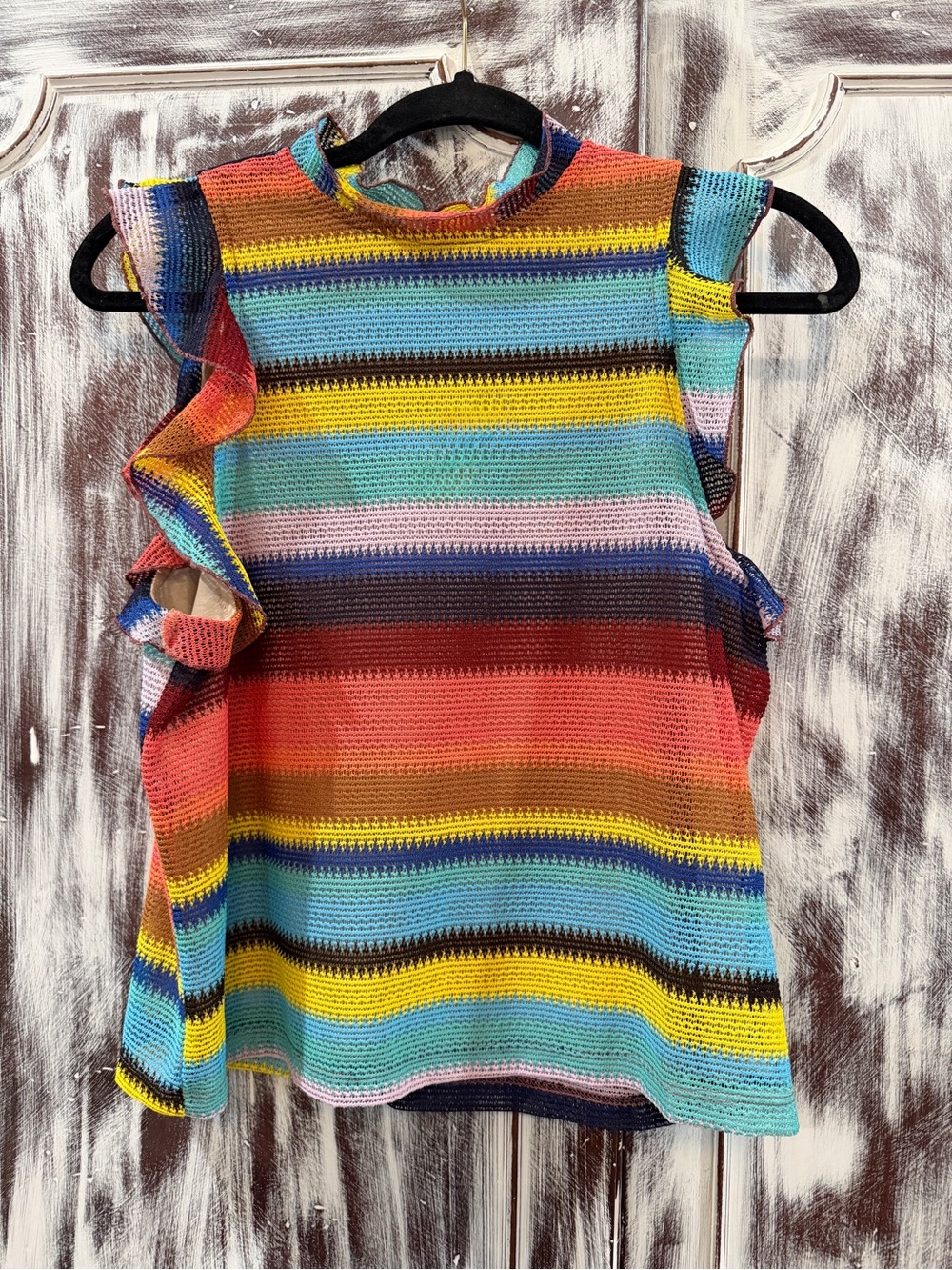 Striped Multi-Color Sleeveless Ruffle Knit Top